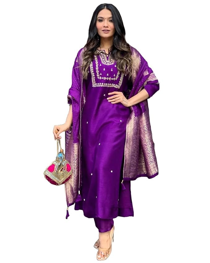 Womens Rayon Blend Straight Embroidered Kurta with Pant & Dupatta Set