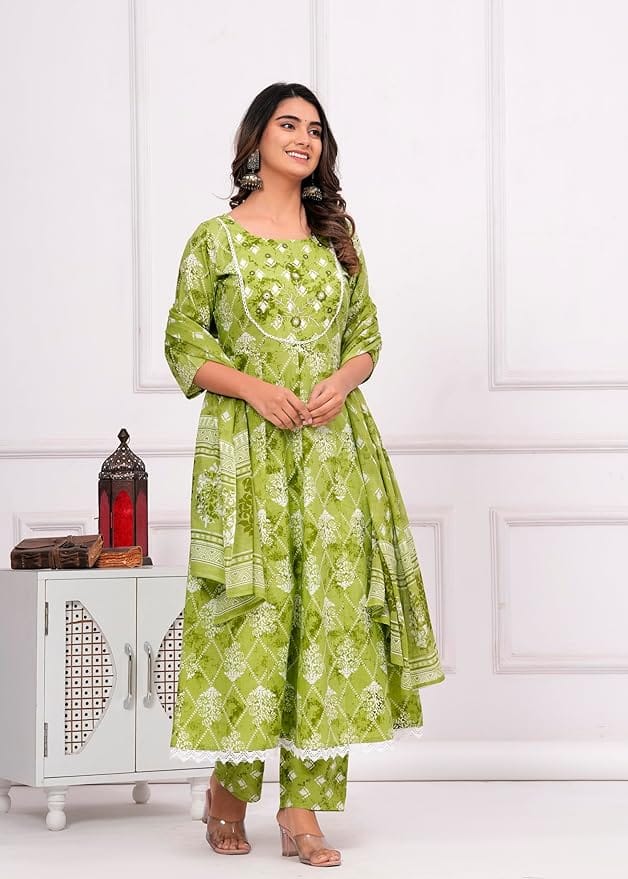 Women’s Floral Print Cotton Anarkali Embroidered Kurta with Palazzo and Dupatta