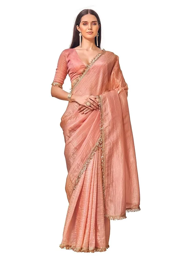 Elegant Women’s Plain Organza Solid Embellished Lace Saree – Organza Saree Party Wear